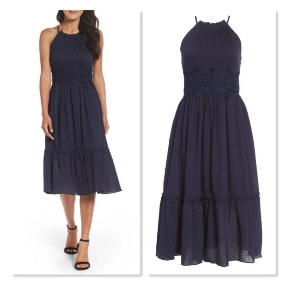 Eliza J Cotton-Gauze Fit & Flare Sundress Sz 14 Navy Nautical Romantic Feminine
